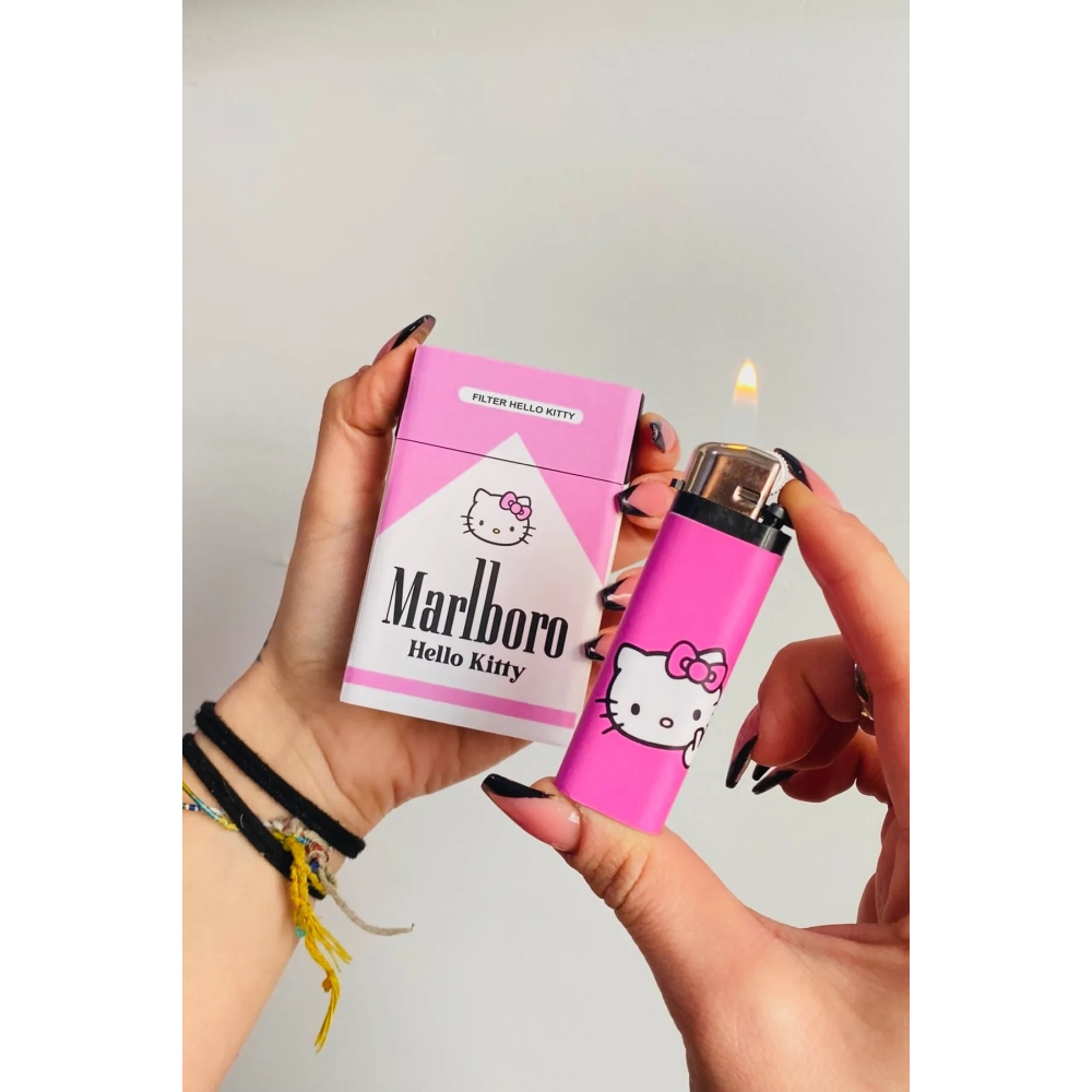 Pembe Hello Hediyelik Sigara Tabakası ve Çakmak Seti