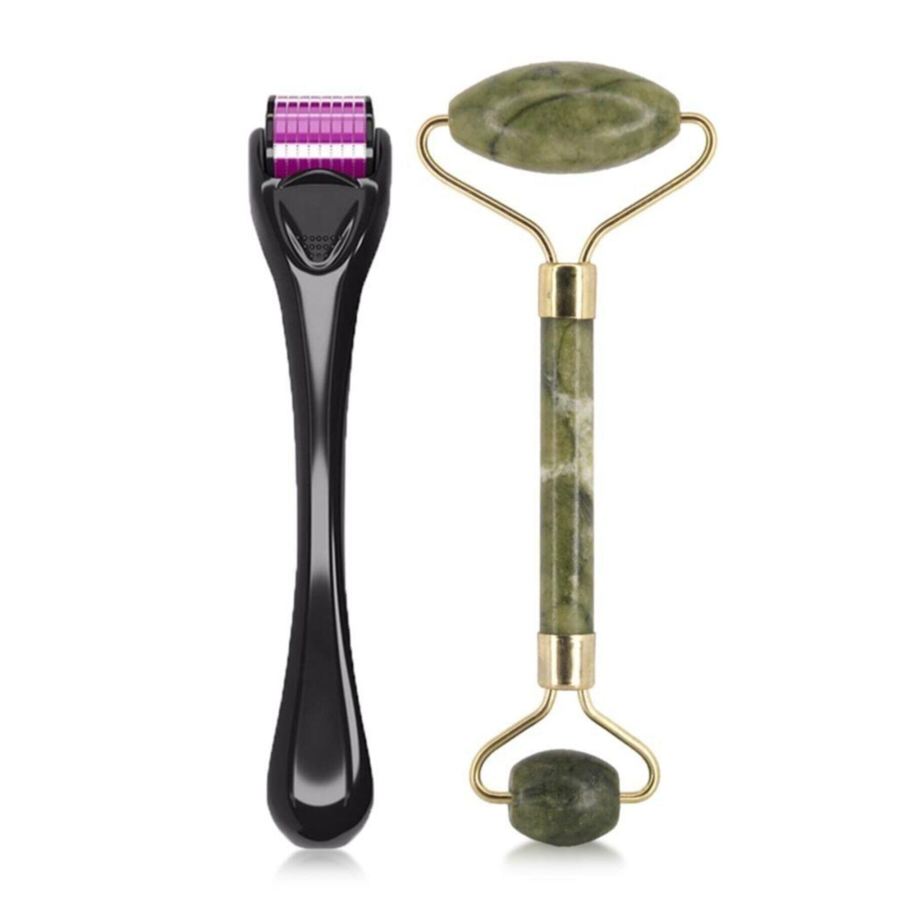 2'li Cilt Bakım Seti Dermaroller Titanyum 540 İğneli 0.5 mm +yeşim Taşı Yüz Masaj Aleti