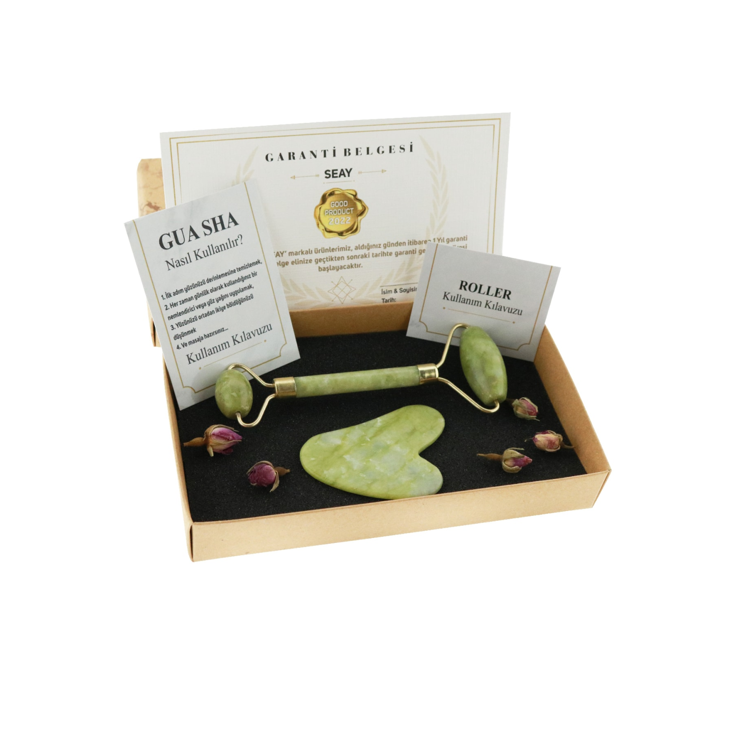 Yeşim Face Roller & Kalp Gua Sha Yüz Masaj Taşı Takımı Masaj Aleti Premium Doğal Taş