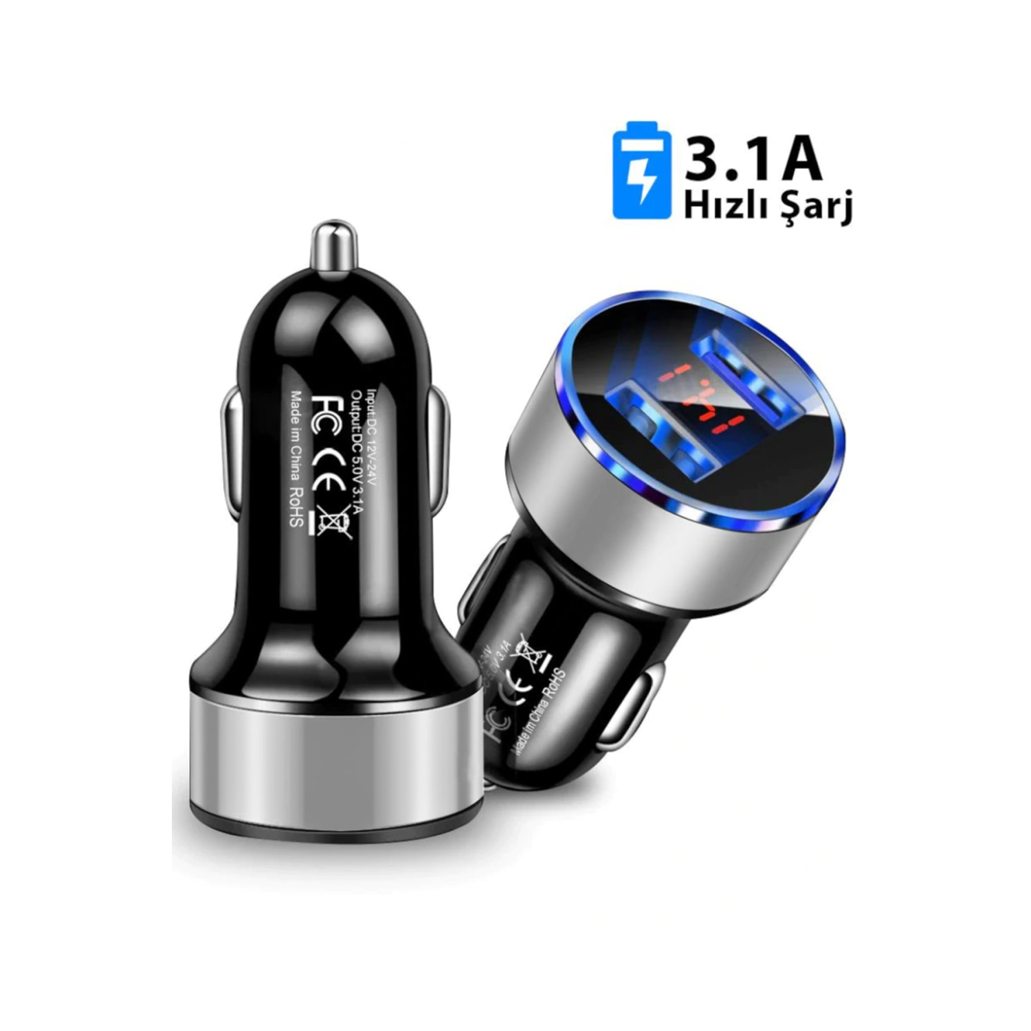 Çakmaklık Oto Araç Hızlı Şarj Aleti 3.1a Usb Çift Girişli Siyah Led Ekranlı