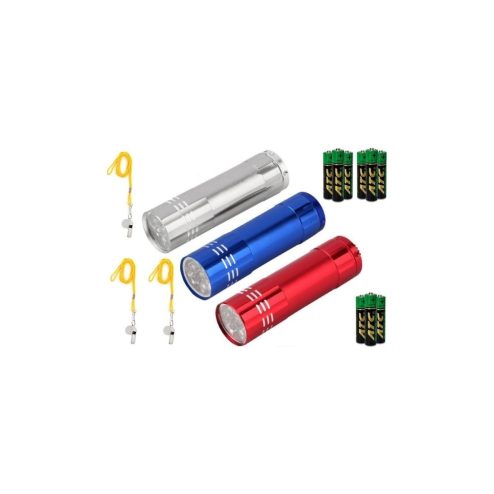 Deprem Çantası Seti 3 Adet Metal Düdük 9 Adet Pil 3 Adet El Feneri