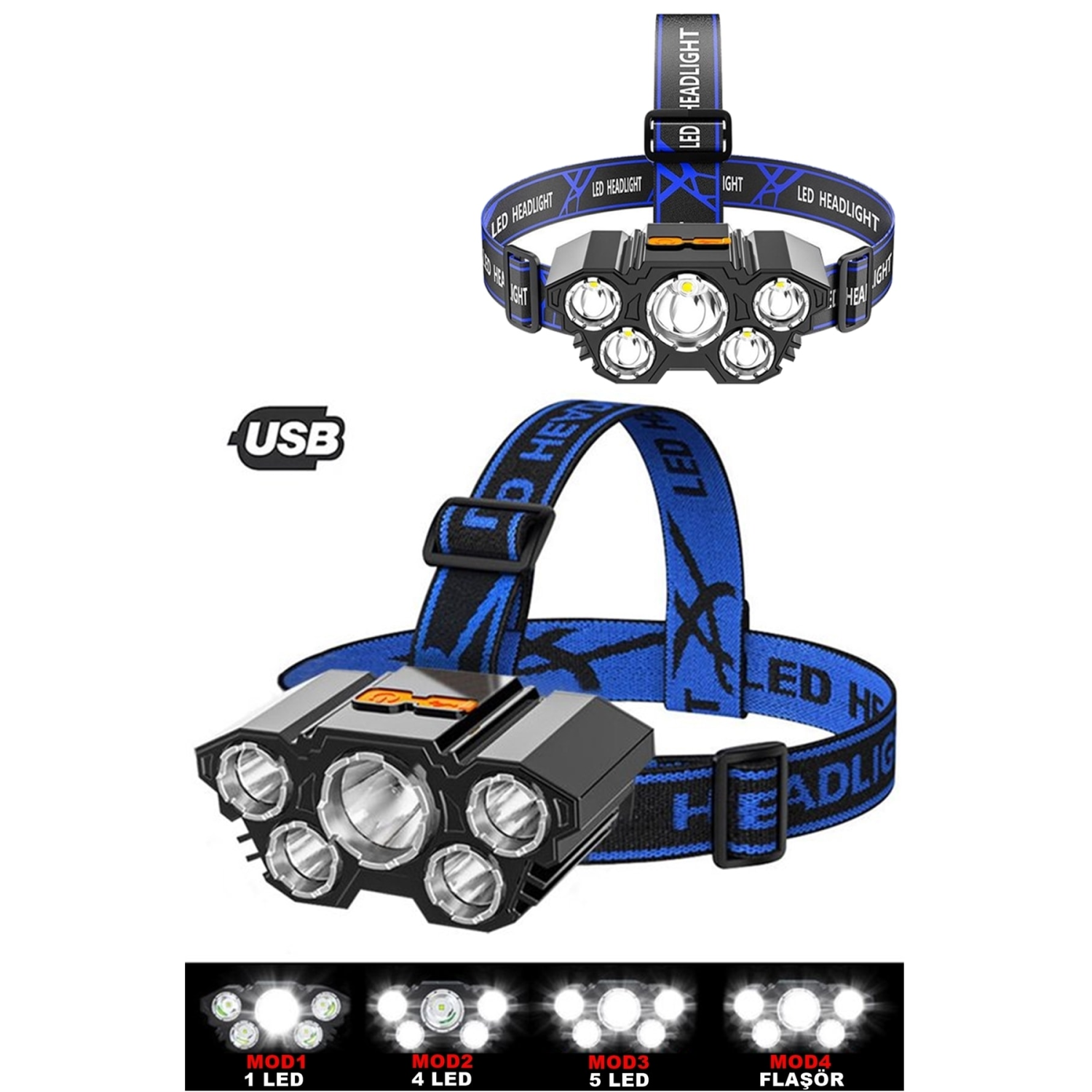 150w Led Rc-21 Şarjlı 5 Led 5x T6 Cree Led 36000 Lümen Profosyonel Kafa Feneri Lambası 4 Modlu
