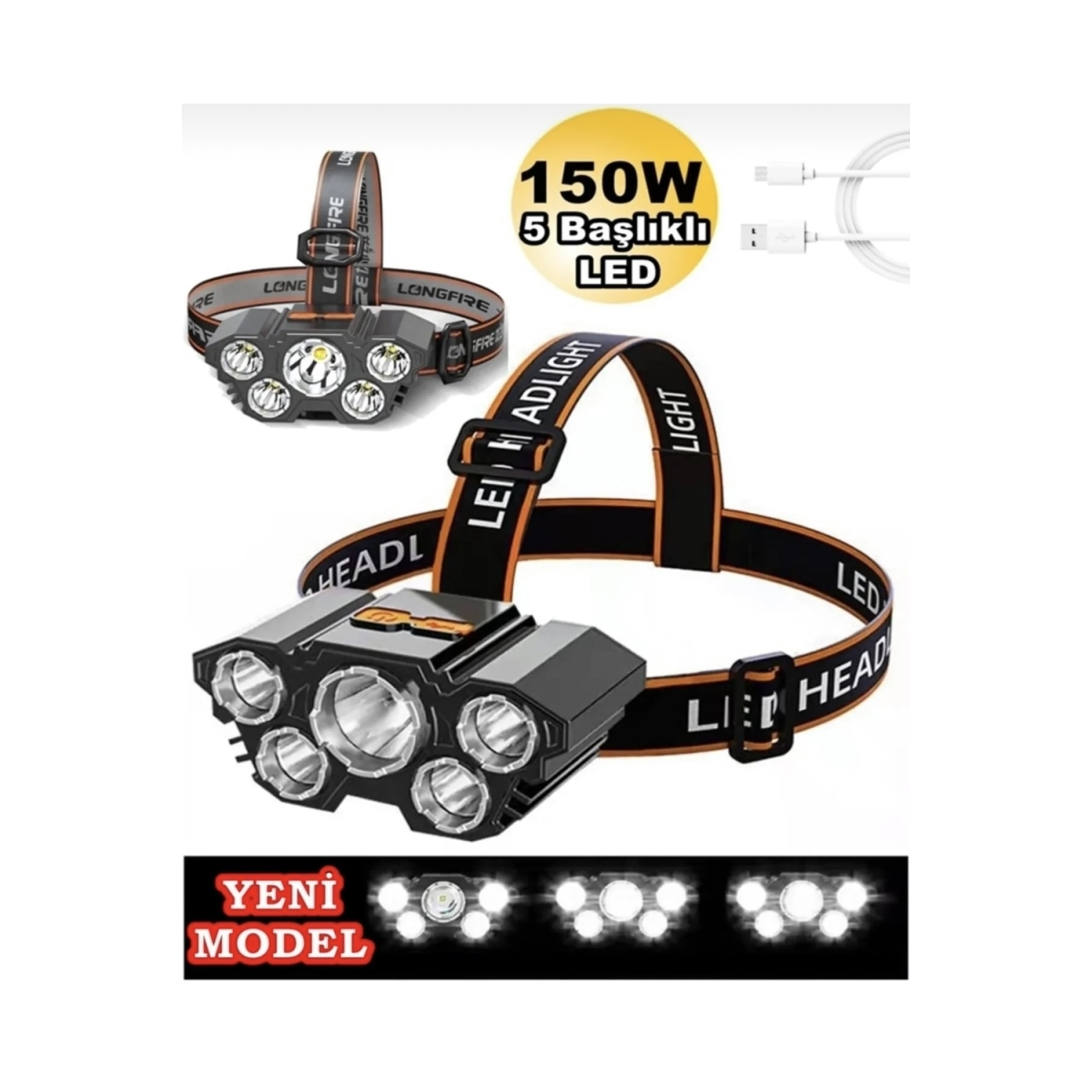 150w Ultra Güçlü Kafa Lambası kamp Balıkçı Feneri şarjlı