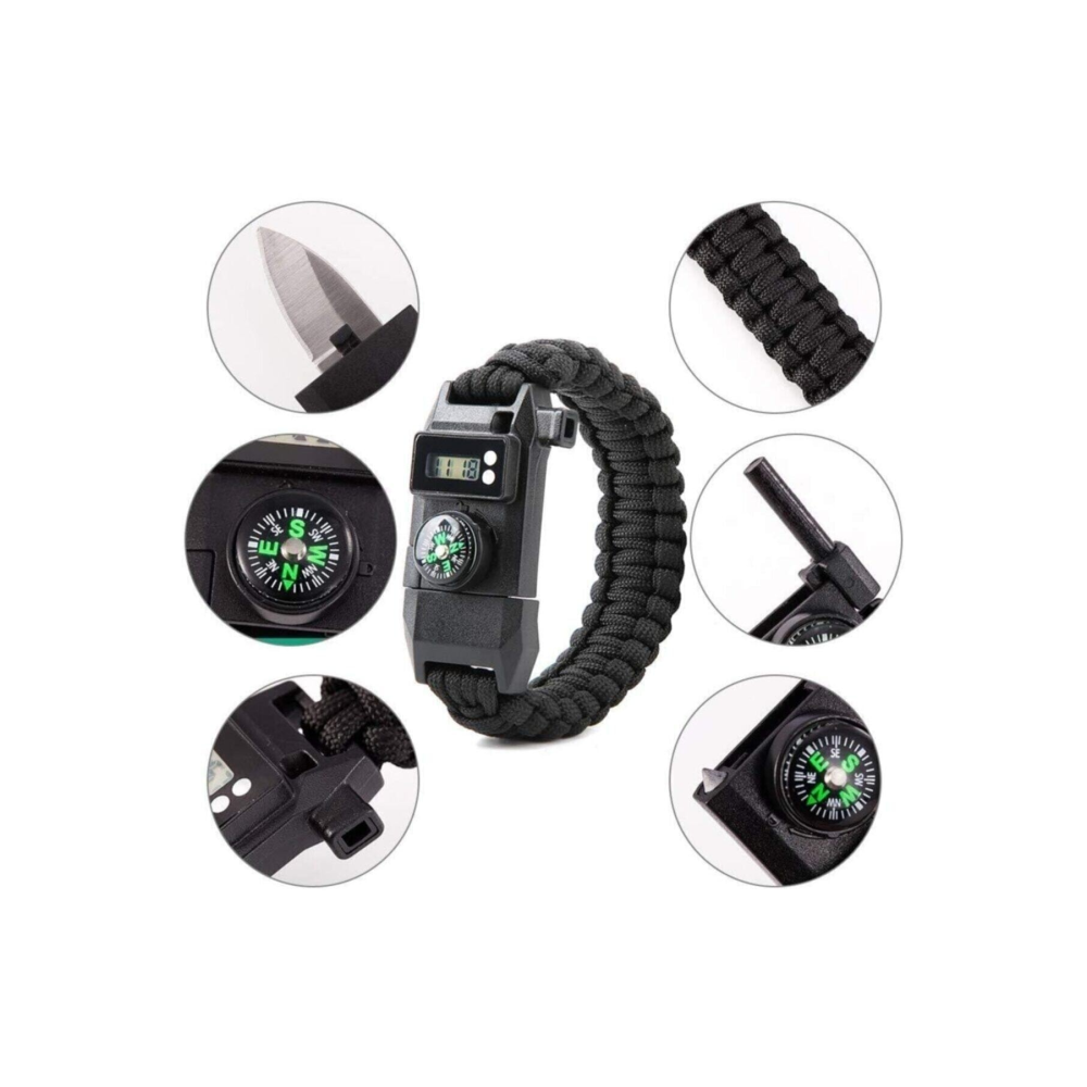 Dijital Saatli Pusula Düdük Cam Kırıcı Magnezyum Çubuklu Fonksiyonel Paracord Bileklik