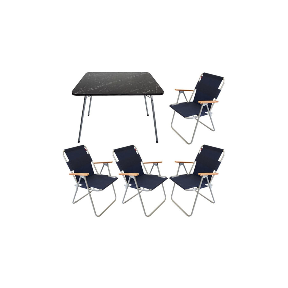 Granit Katlanır Masa + 4 Adet Katlanır Sandalye Bahçe Balkon Takımı Lacivert