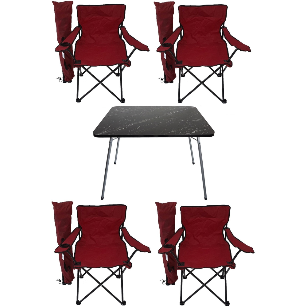Kırmızı  Granit Katlanır Masa 4 Adet Kamp Sandalyesi Katlanır Sandalye Piknik Plaj Sandalyesi 60x80