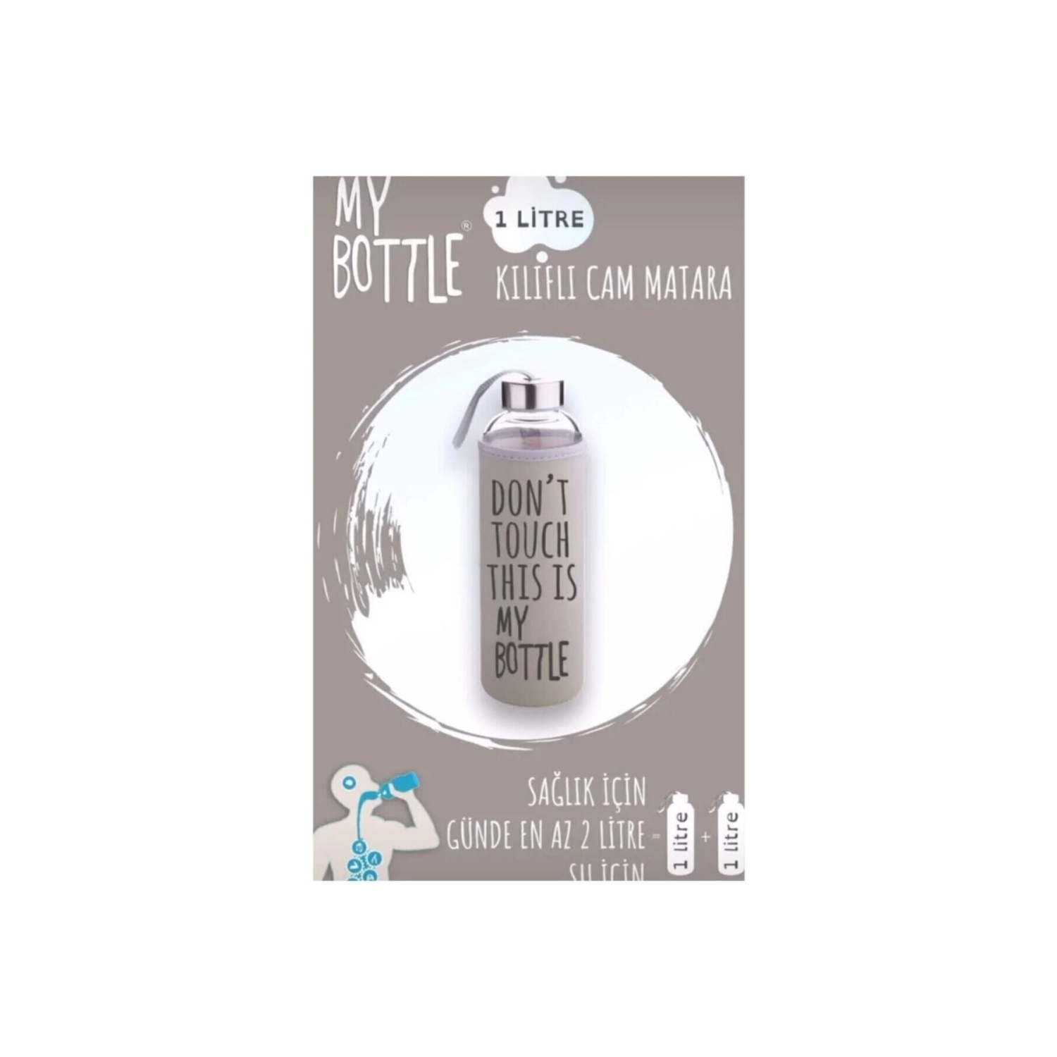 Gri Sağlıklı Cam Matara 1000 ml Su Şişesi 1lt Sporcu Matarası
