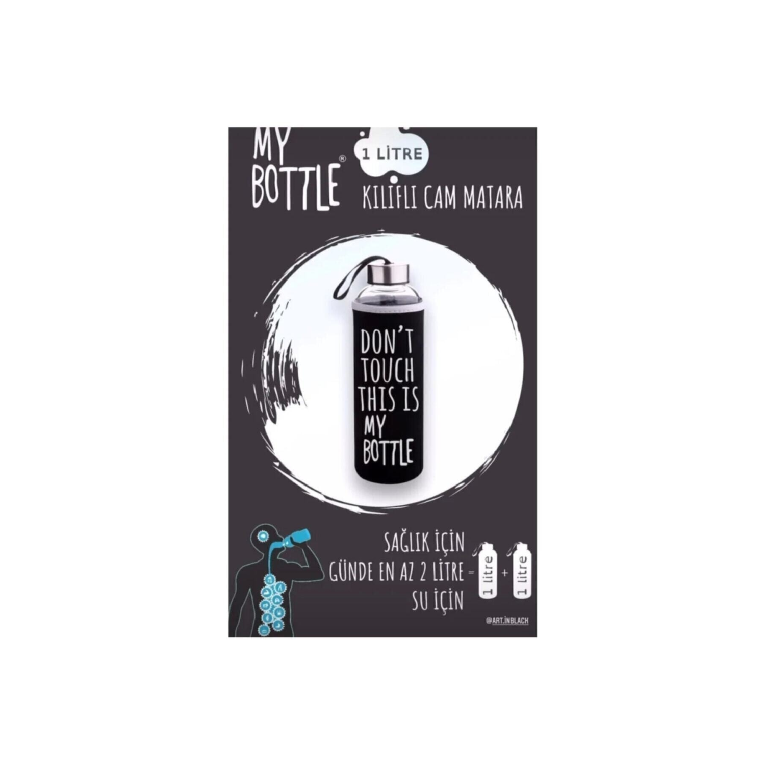 Siyah Sağlıklı Cam Matara 1000 ml Su Şişesi 1lt Sporcu Matarası