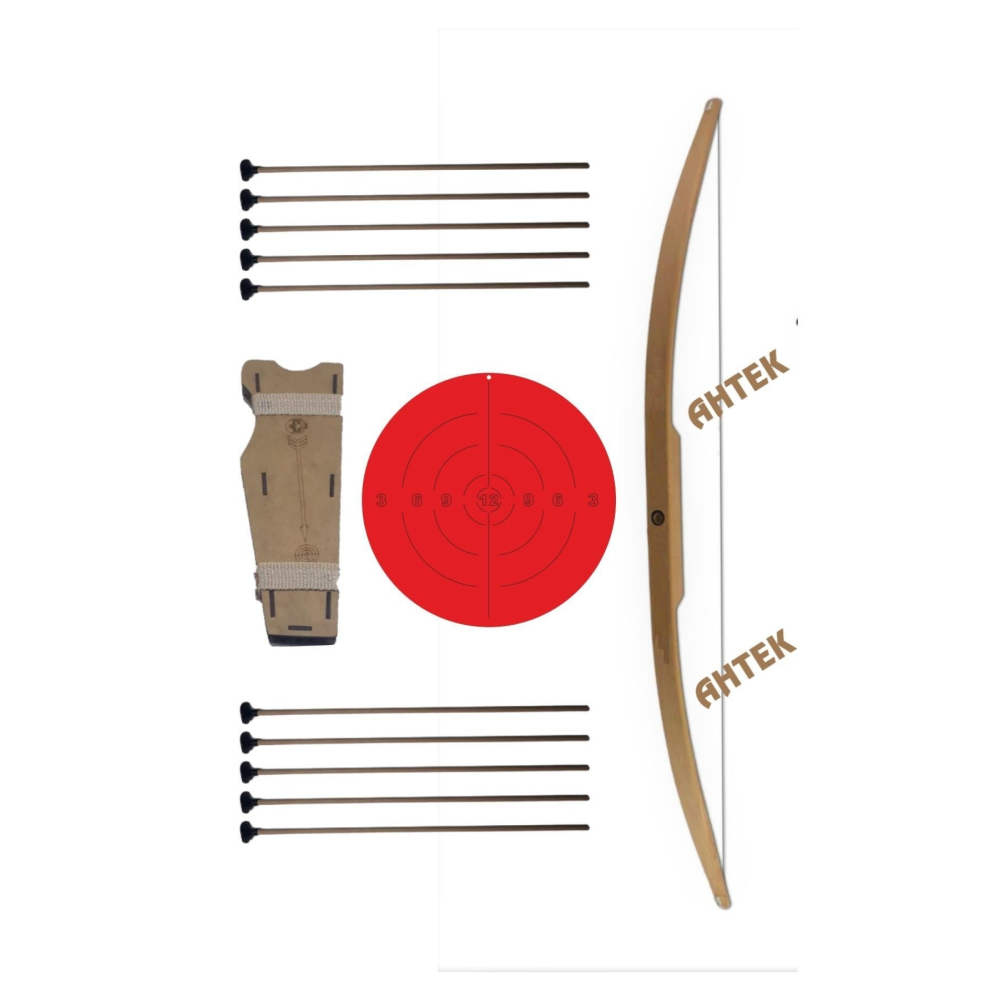 Doğal Ahşap Ok Yay Seti, Yay + 10 Adet Ok + Sadak + Hedef