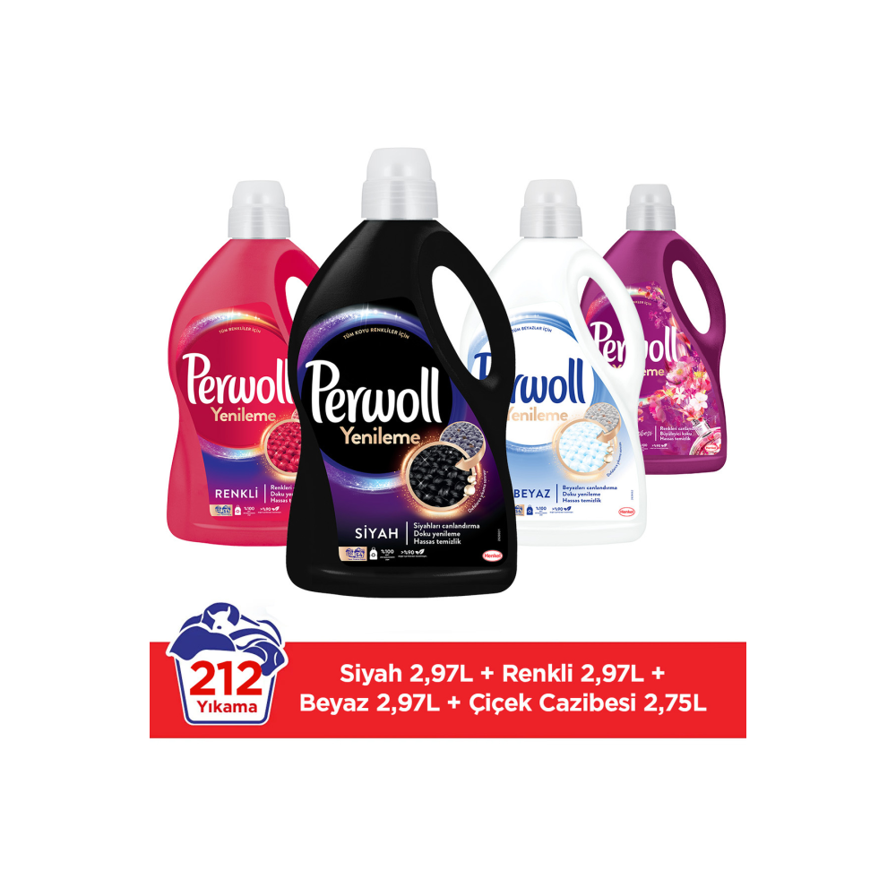 Hassas Bakım Sıvı Çamaşır Deterjanı (212 Yıkama) 3x2,97 L Siyah+Renkli+Beyaz + 2,7L Çiçek Cazibesi