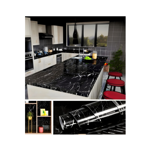 Siyah Mermer Desenli Yapışkanlı Folyo Dolap Masa Tezgah Kaplama Folyosu 1 Metre × 60 Cm