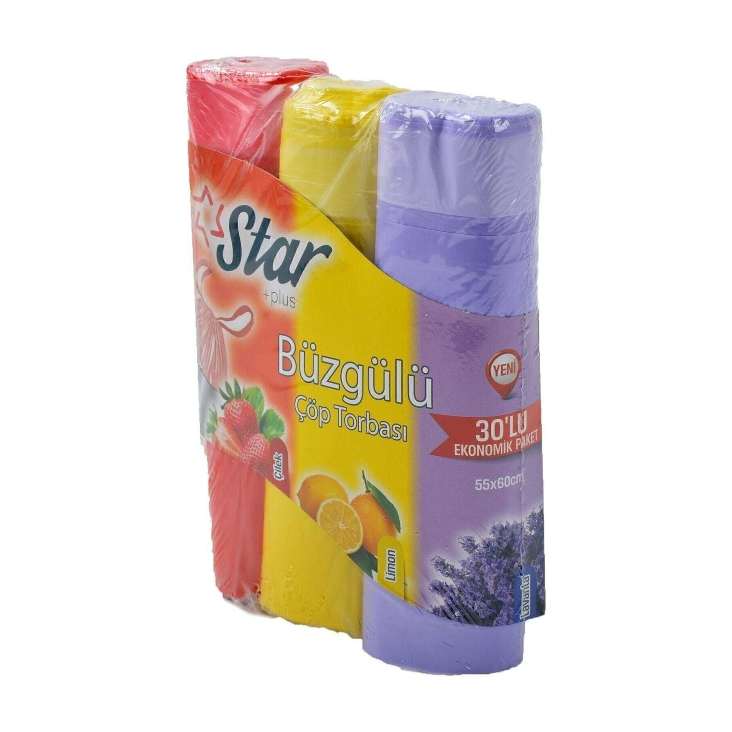 Büzgülü Çöp Torbası 55x60 Cm 3' Lü Eko Paket Lavanta-çilek-limon Kokulu Çöp Poşeti