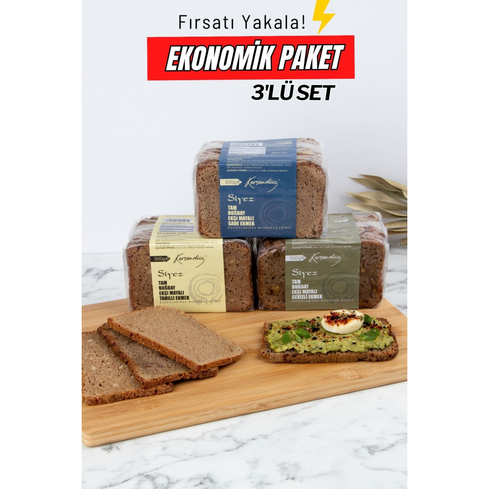 %100 Siyez Tam Buğday Ekşi Mayalı Ekmekler 3'lü Seçim 3x500gr (TAHILLI-SADE-CEVİZLİ)
