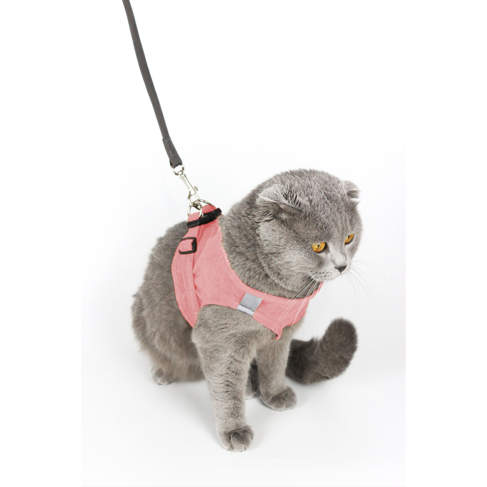 Kedi Gezdirme Tasması - Kedi Tasması Göğüs Tasma Seti Yumuşak Süet Pembe Renk