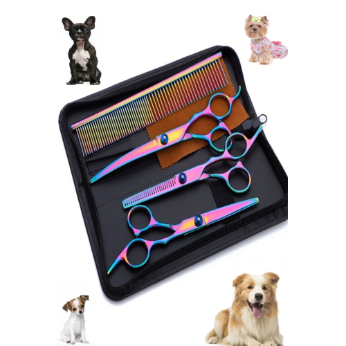 Rainbow Petshop Kuaför Kedi Köpek Evcil Hayvan Makas Seti 5 Parça Çantalı