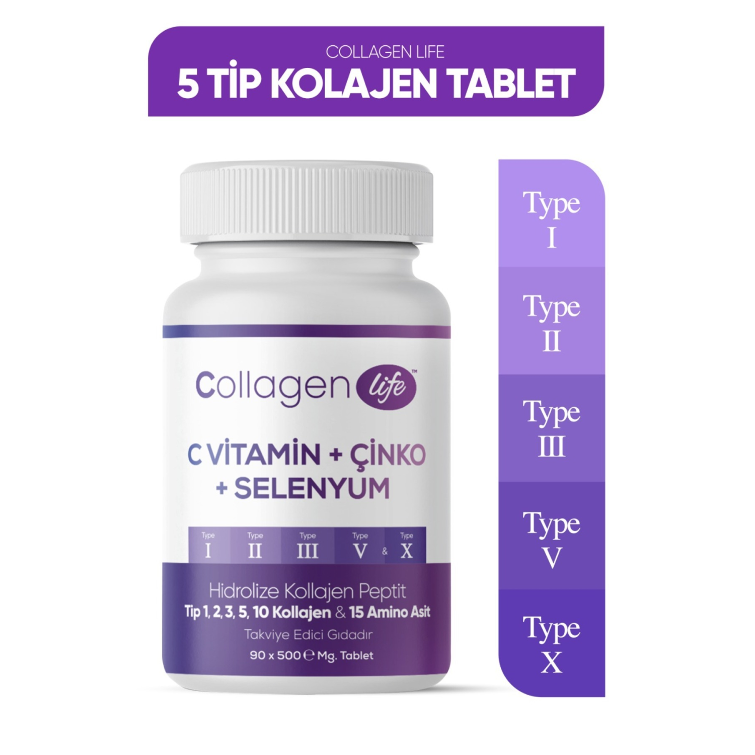 5 Tip Kolajen Tip 1, Tip 2, Tip 3, Tip 5 ,tip 10, ( Selenyum , C Vitamini Ve Çinko ) 90 Tablet