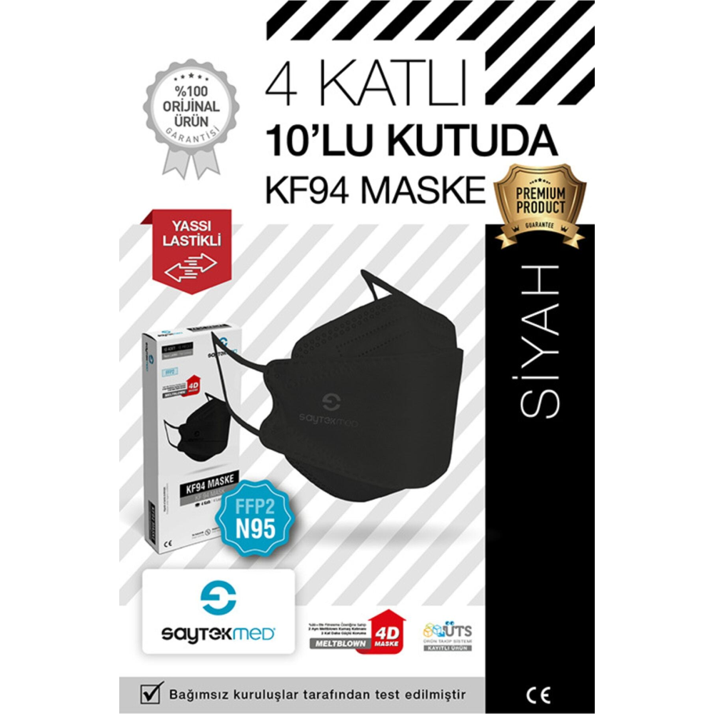 N95/ffp2 Kore Tipi 4 Katlı Siyah Maske Tekli Poşet, Uv Steril (10 ADET/1 KUTU)