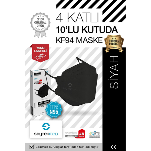 N95/ffp2 Kore Tipi 4 Katlı Siyah Maske Tekli Poşet, Uv Steril (10 ADET/1 KUTU)