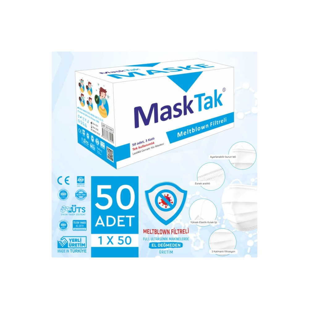 3 Katlı Telli Cerrahi Maske 50 Li Kutu Burun Lastikli Kokusuz