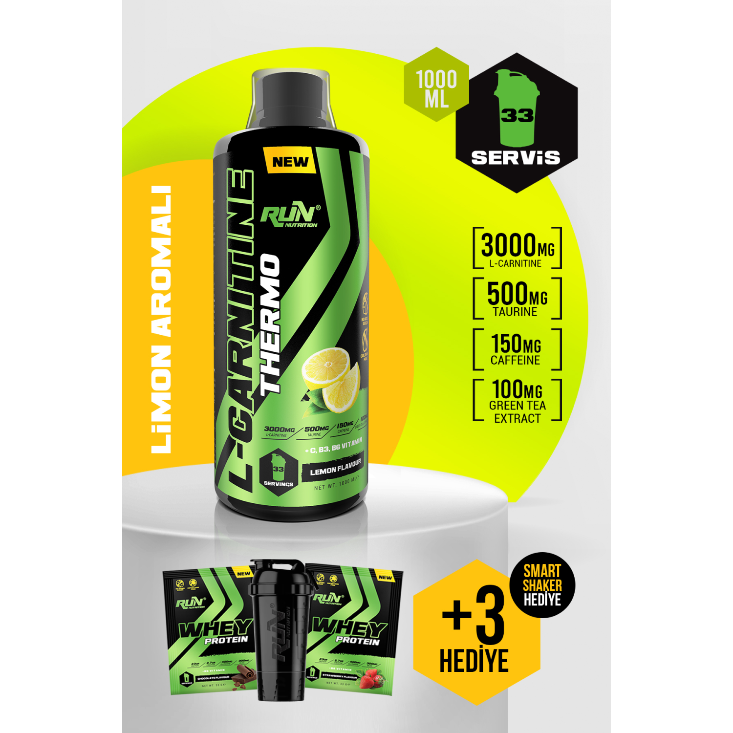 L-carnitine - 1 Lt - Limon Aromalı - 3000mg - 33 Servis - Hediyeli