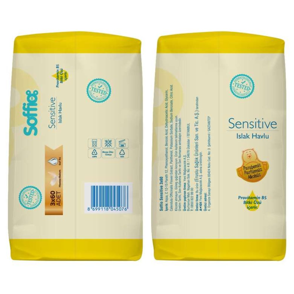 Soffio Sensitive Yenidoğan 60 Yaprak 3'lü Paket Islak Mendil