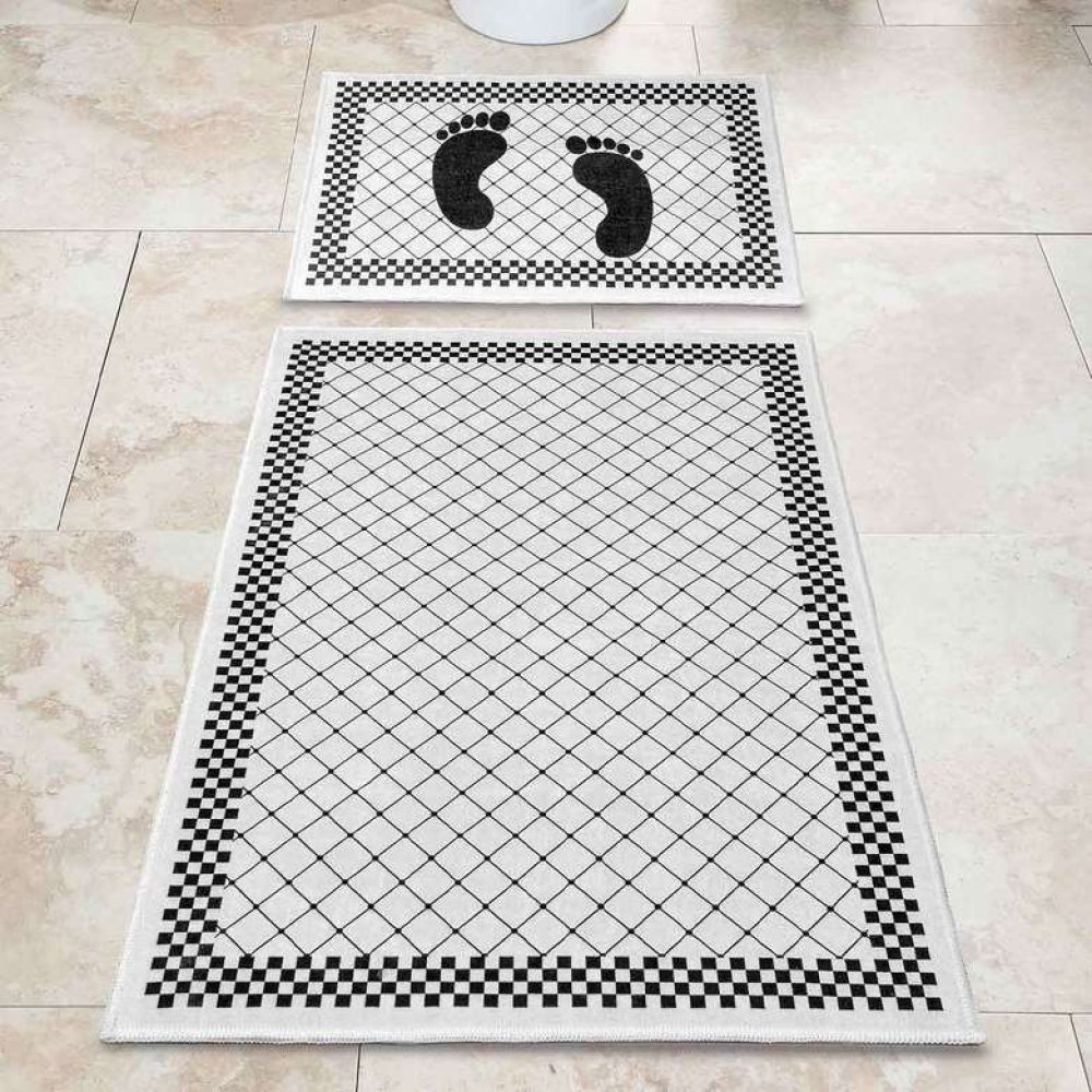 Dijital Baskılı Kaymaz 2'li Banyo Klozet Takımı Beyaz Siyah