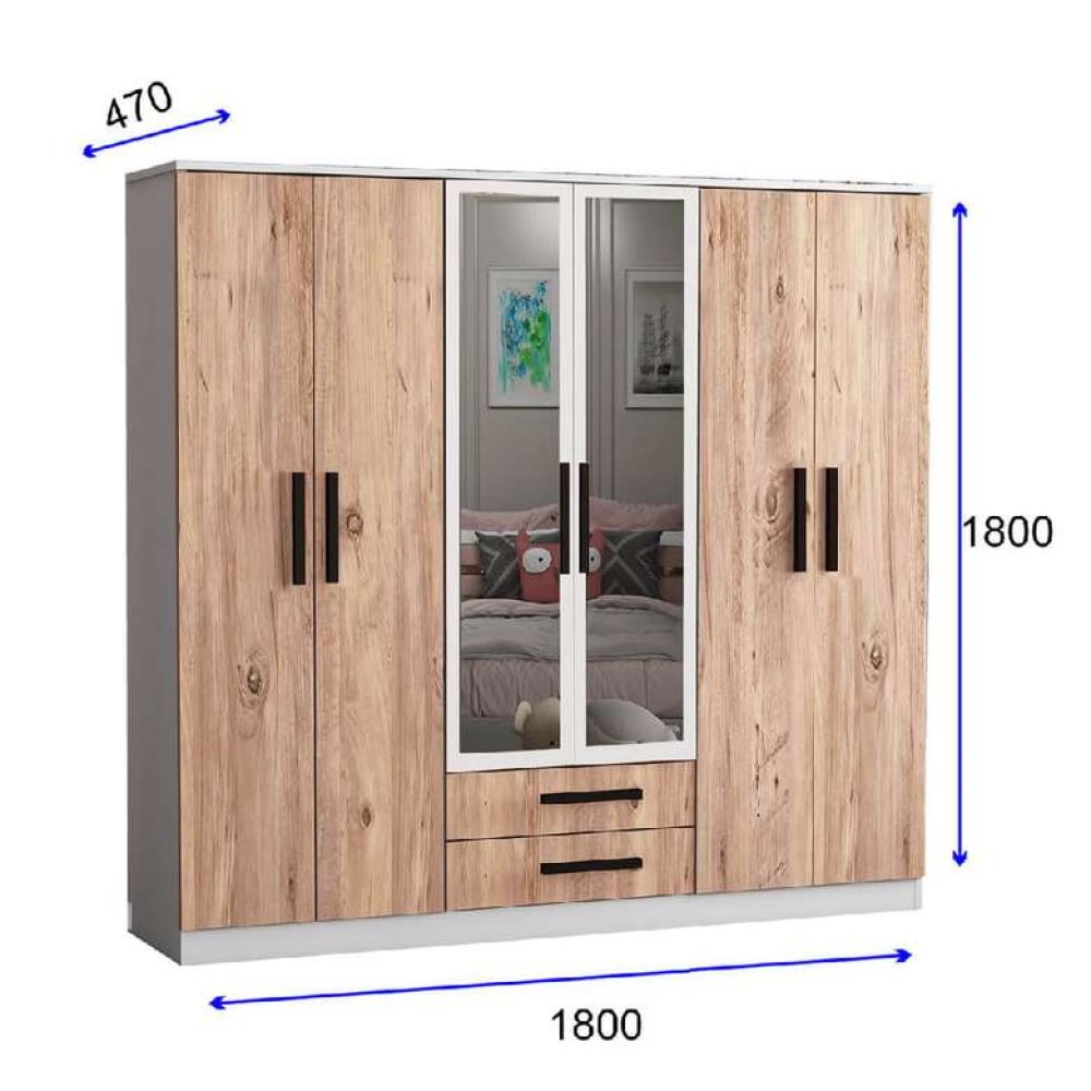 Tiamob Gabido 6 Kapılı 2 Çekmeceli Aynalı Gardırop