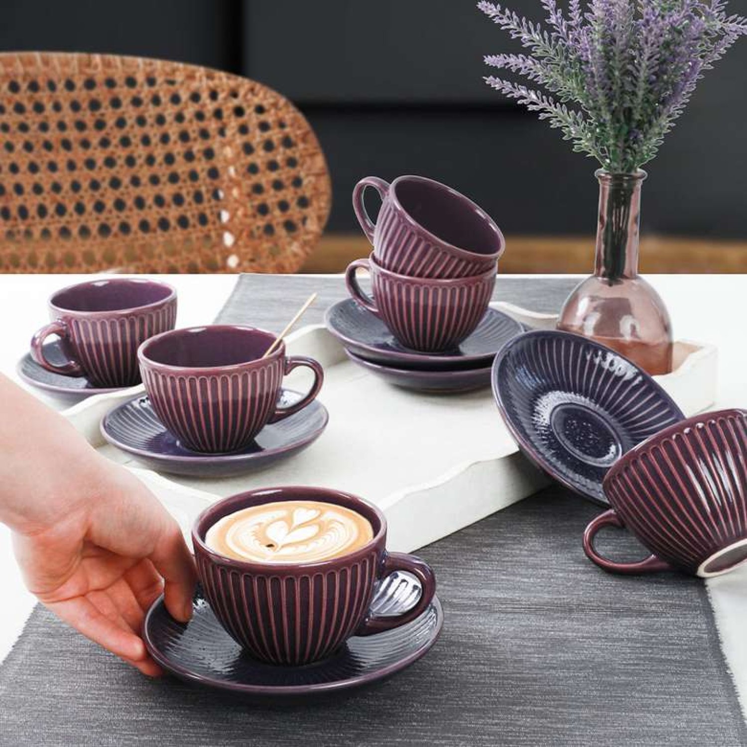 Keramika Mor Myra Çay Fincan Takımı 12 Parça 6 Kişilik