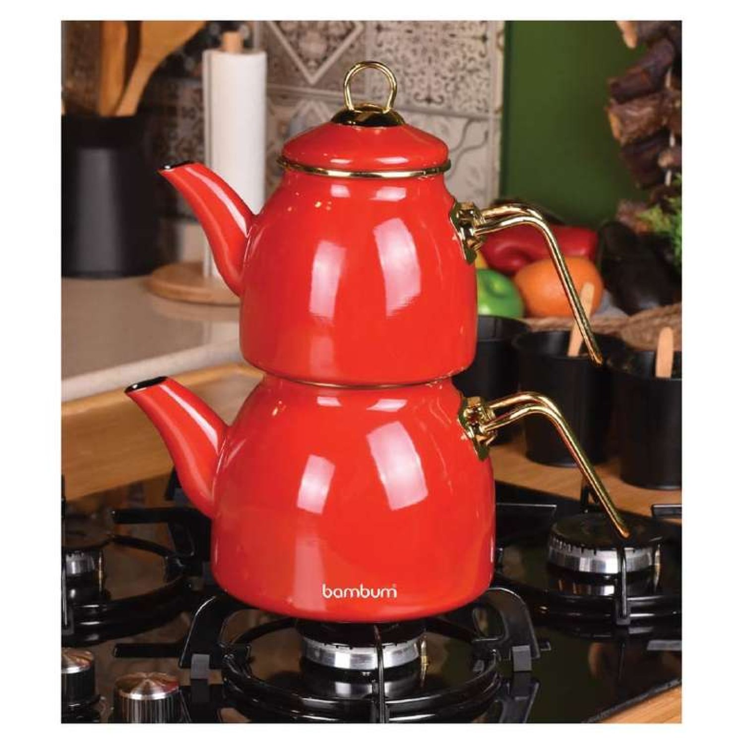 Bambum Aile Boy Emaye Çaydanlık Takımı Kırmızı