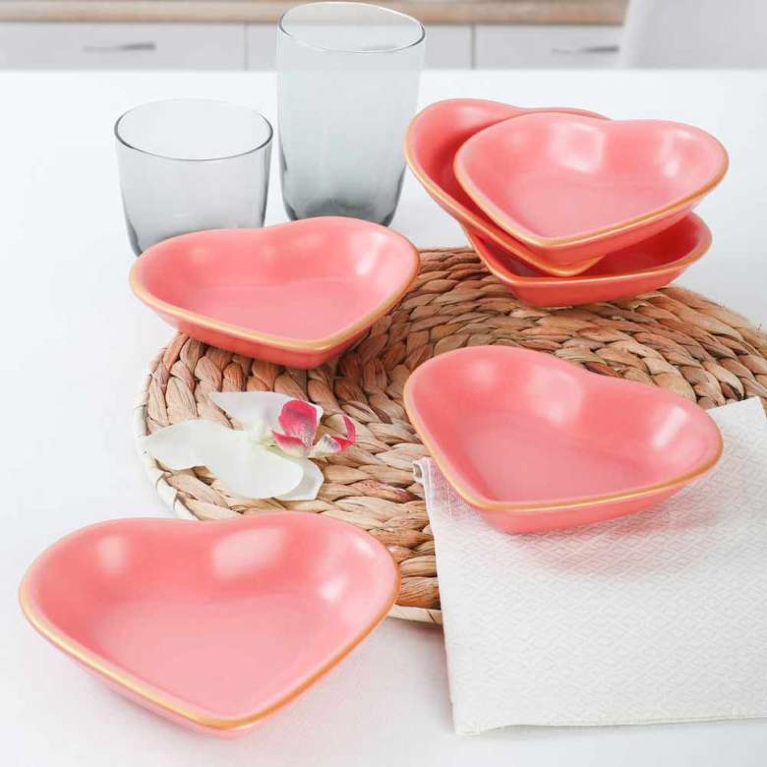 Keramika Mat Pembe Altın Fileli Kalp Çerezlik / Sosluk 14 Cm 6 Adet