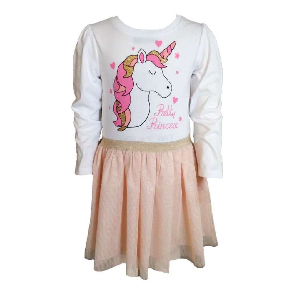 Kız Çocuk Tüllü Baskılı Elbise Pudra Beyaz