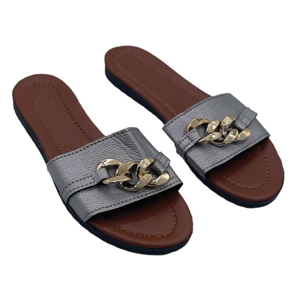 Kadın Aksesuarlı Terlik Gümüş Kahve