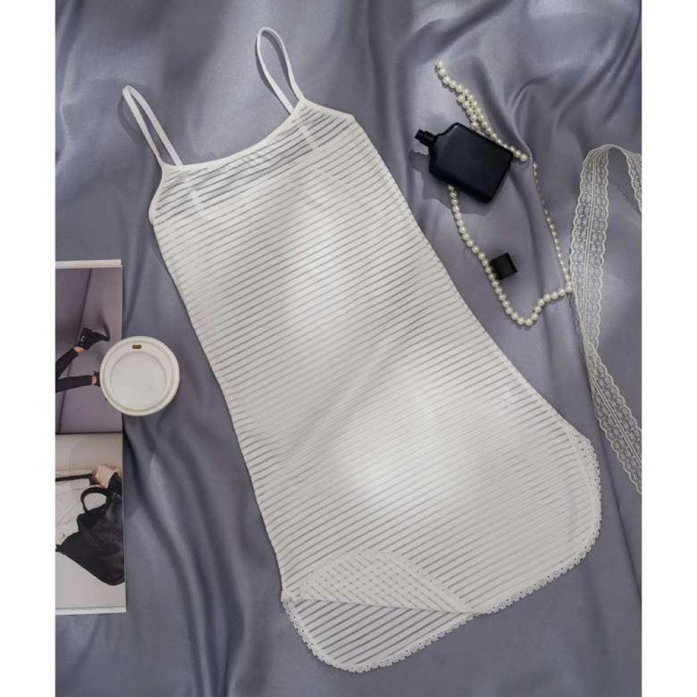 Kadın Çizgili Yırtmaçlı Gecelik Beyaz