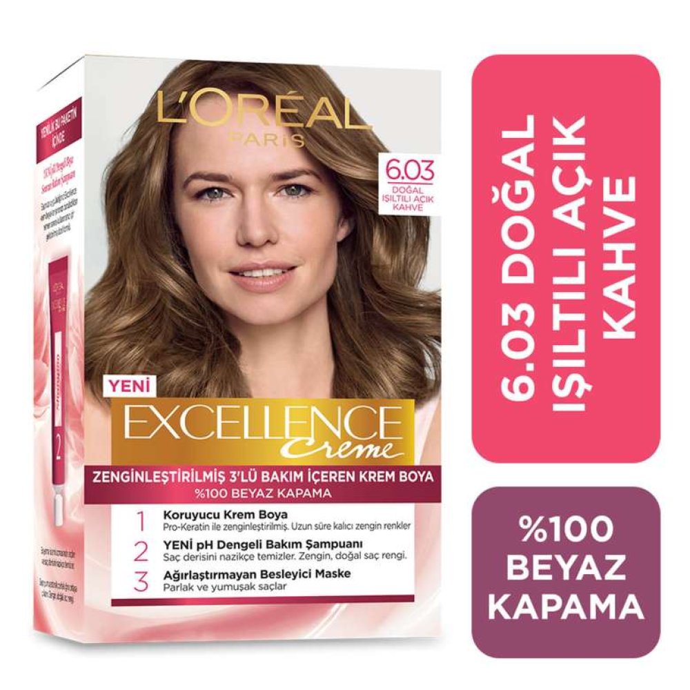 Loreal Excellence Creme 6.03 Doğal Işıltılı Açık Kahve Saç Boyası