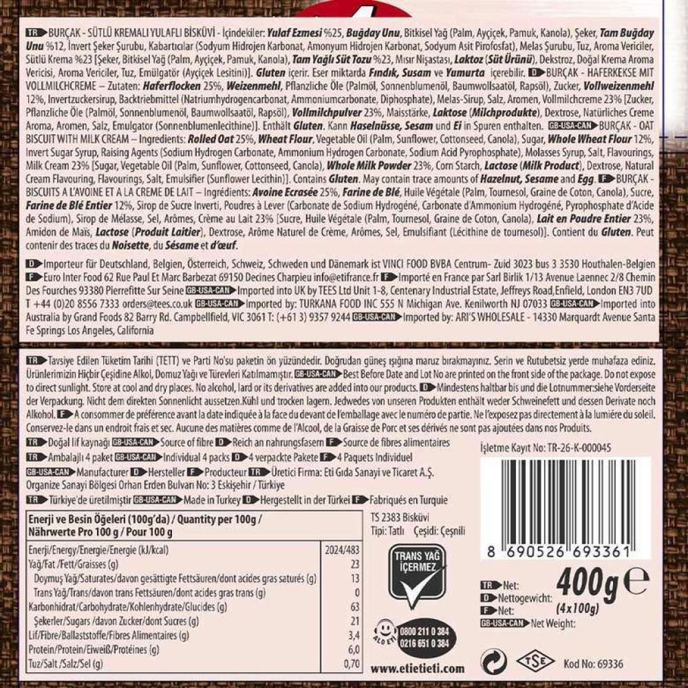 Eti Burçak Bisküvi Sütlü Kremalı 4X100 G