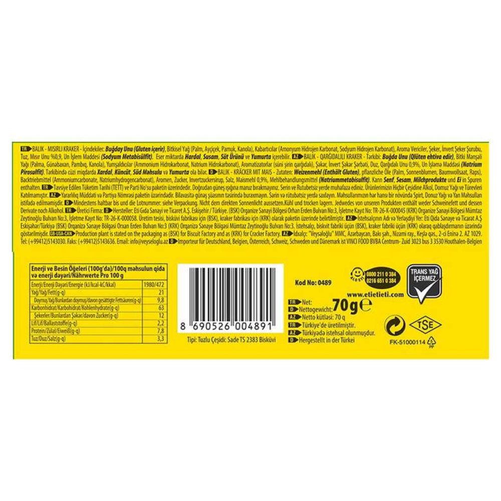 Eti Kraker Balık Mısırlı 70 G