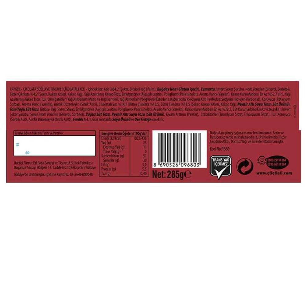 Eti Paykek Kek Çikolata Soslu 285 G