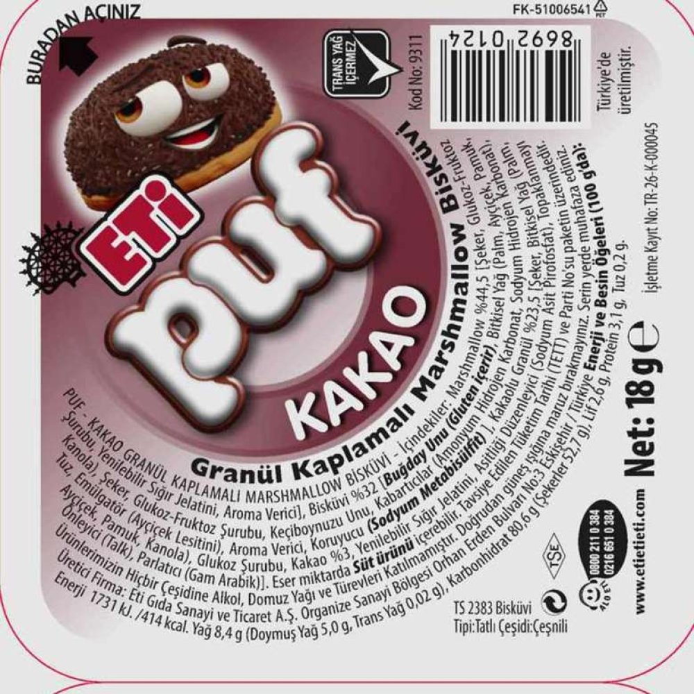 Eti Puf Bisküvi Kakaolu Hindistan Cevizli Marshmallow 18 G