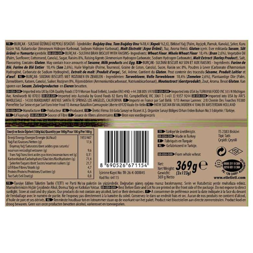 Eti Sultani Bisküvi Üzümlü Kepekli 3X123 G
