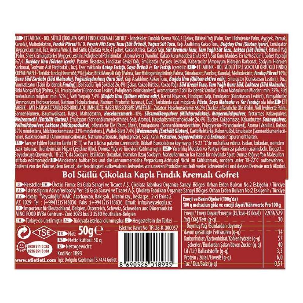 Eti Ahenk Gurme Sütlü Çikolatalı Gofret 50 G