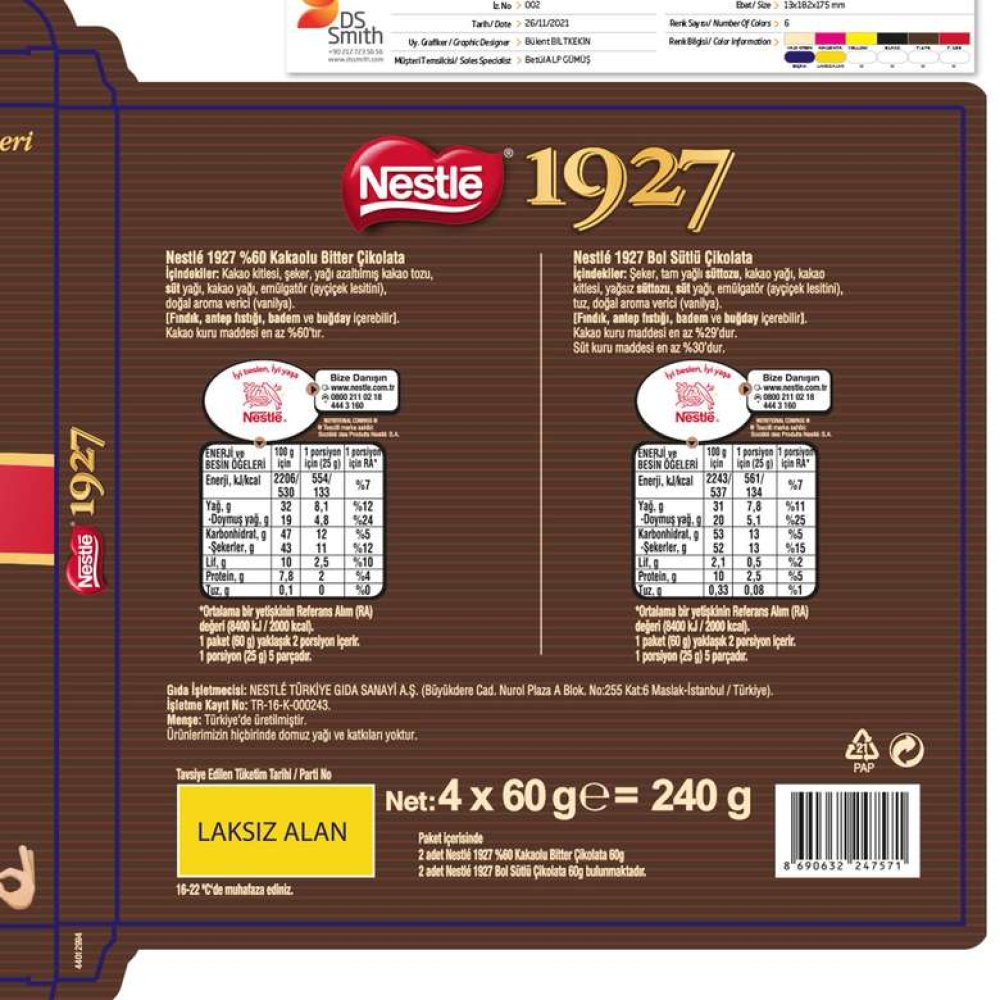 Nestle 1927 Çikolata 2 Sütlü & 2 Bitter 4x60 G