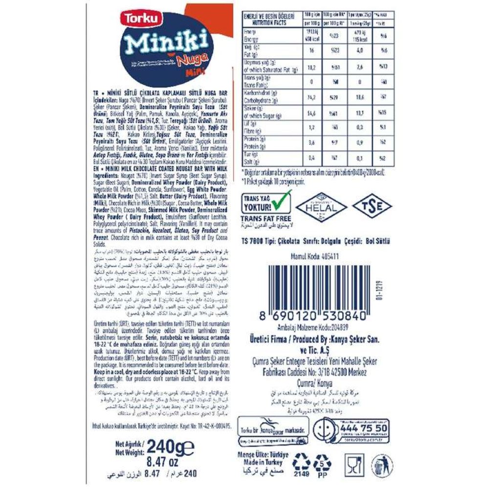 Torku Miniki Bar Sütlü Çikolatalı Nugalı 240 G