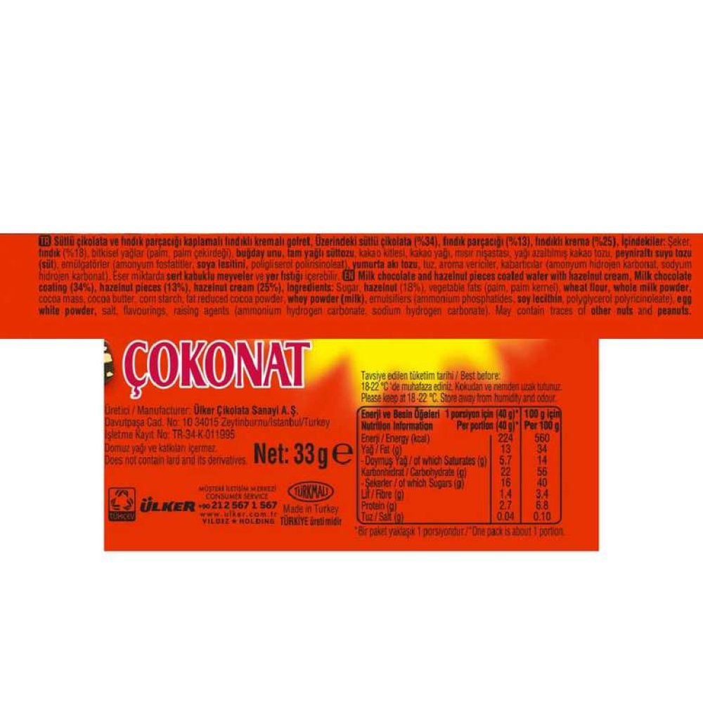 Ülker Çokonat Gofret Çikolatalı Fındıklı 33 G