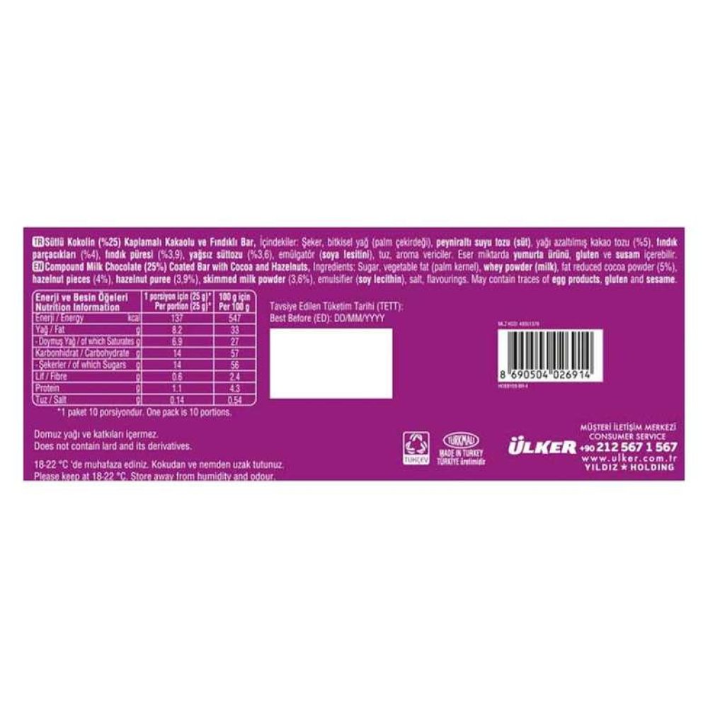 Ülker Hobby Bar Çikolata Fındıklı 250 G