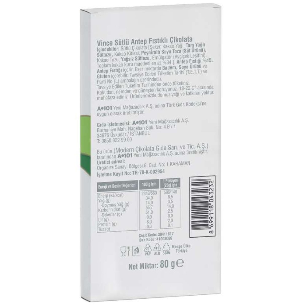 Vince Çikolata Antep Fıstıklı 80 G