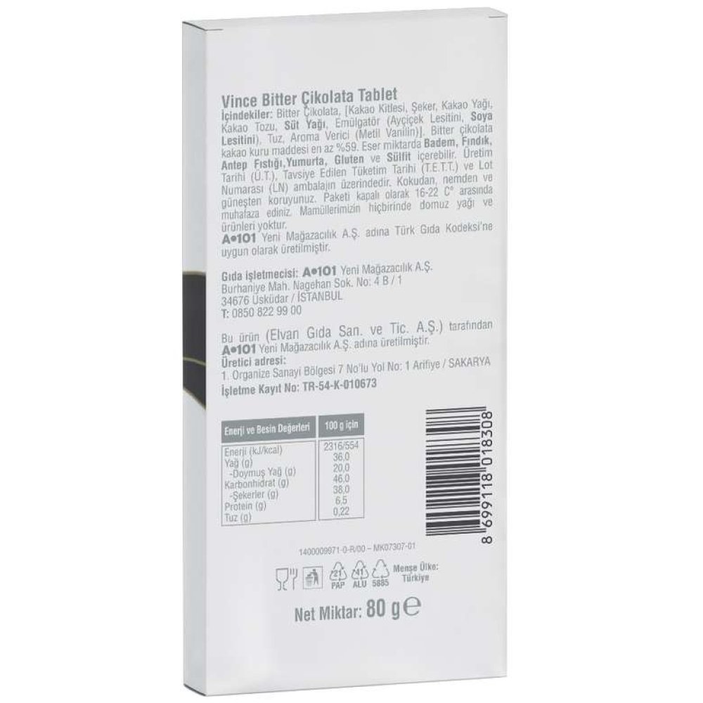 Vince Çikolata Bitter 80 G