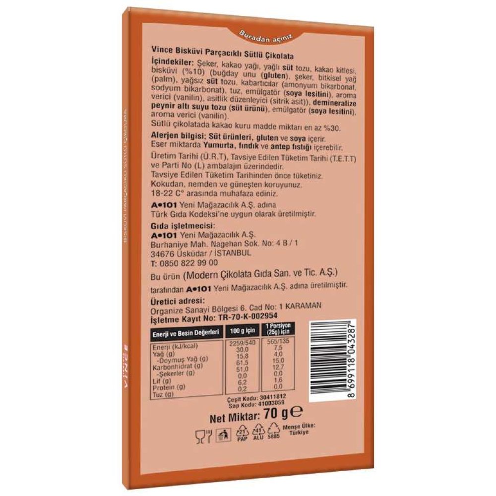 Vince Çikolata Sütlü Bisküvi Parçacıklı 70 G