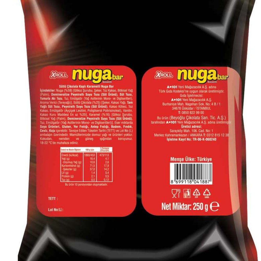 Xroll Bar Çikolata Nugalı Karamelli Poşet 250 G