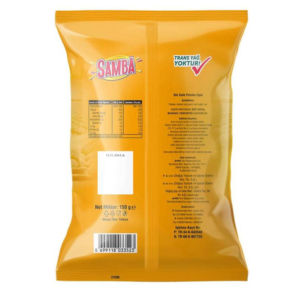 Samba İnce Patates Cipsi 150 G
