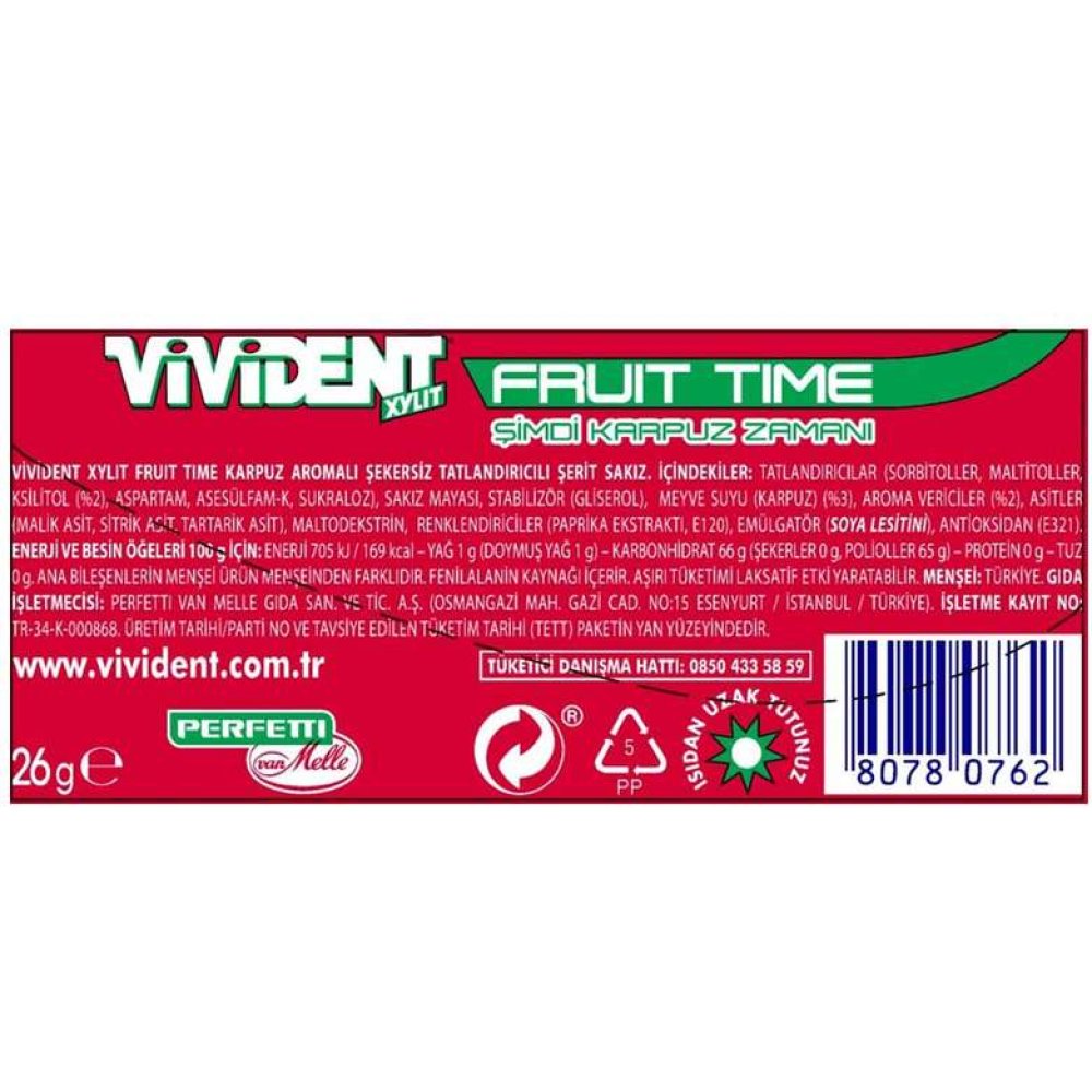 Vivident Fruit Sakız Karpuz Aromalı 26 G